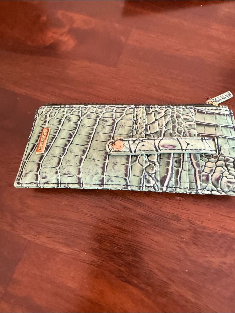 Brahmin Mint Green Croc-Embossed Slim Wallet